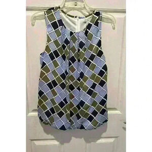 Liz Claiborne blue/green squares round neck sleeveless career blouse Women's M